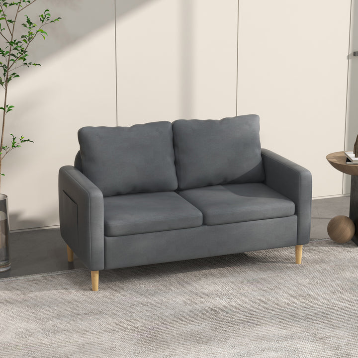 Sofá de 2 Lugares Sofá Moderno Estofado em Poliéster com 2 Bolsos Laterais Apoio para os braços e Pés de Madeira para Sala de Estar Escritório Carga 200 kg 143x76x83 cm Cinza