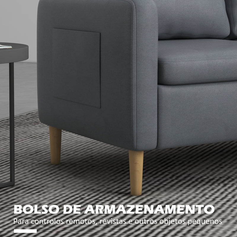 Sofá de 2 Lugares Sofá Moderno Estofado em Poliéster com 2 Bolsos Laterais Apoio para os braços e Pés de Madeira para Sala de Estar Escritório Carga 200 kg 143x76x83 cm Cinza