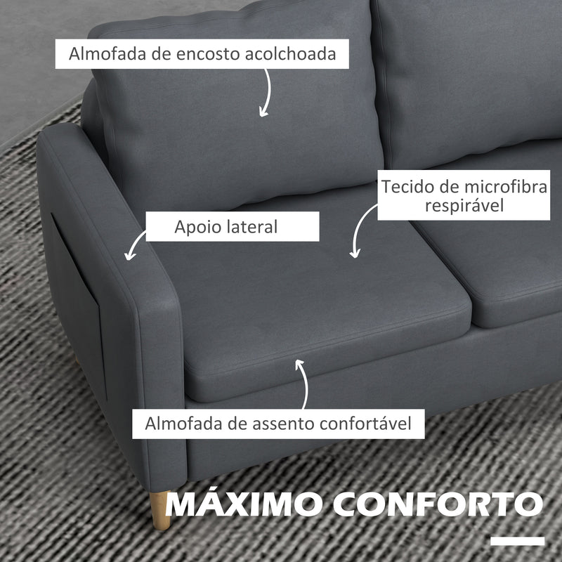 Sofá de 2 Lugares Sofá Moderno Estofado em Poliéster com 2 Bolsos Laterais Apoio para os braços e Pés de Madeira para Sala de Estar Escritório Carga 200 kg 143x76x83 cm Cinza