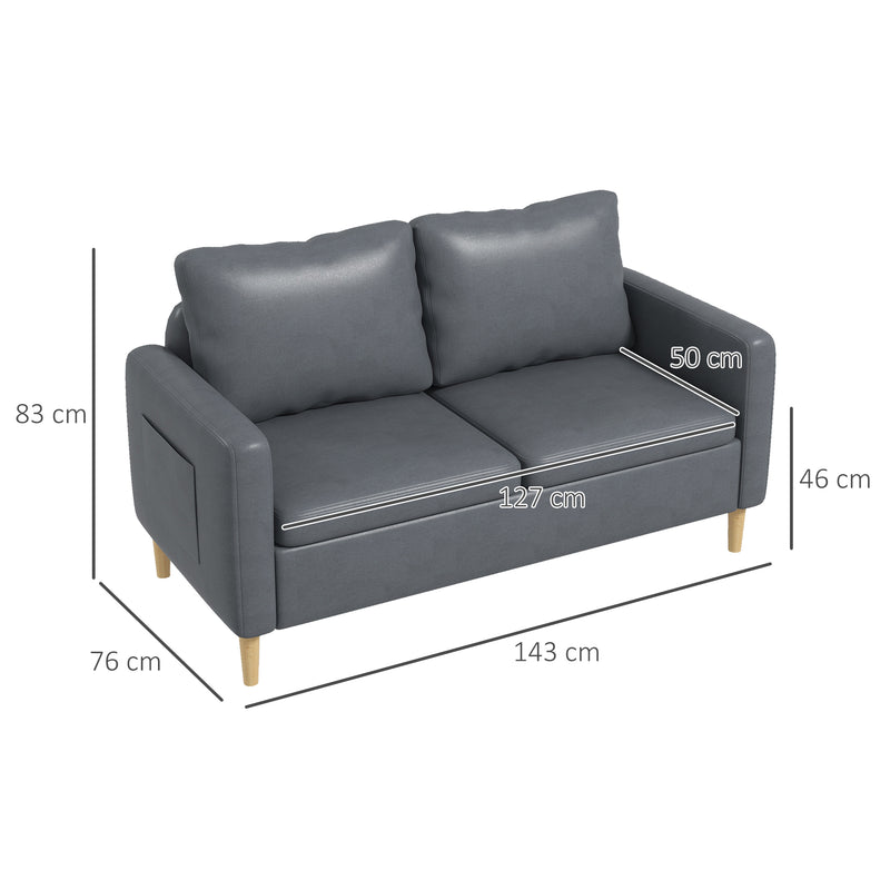 Sofá de 2 Lugares Sofá Moderno Estofado em Poliéster com 2 Bolsos Laterais Apoio para os braços e Pés de Madeira para Sala de Estar Escritório Carga 200 kg 143x76x83 cm Cinza