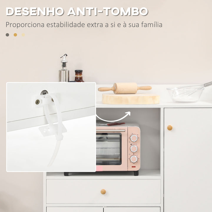 Armário de Cozinha para Micro-ondas Armário Baixa de Cozinha Móvel Auxiliar de Sala de Jantar com 3 Portas Gaveta e Compartimentos 90x30x94 cm Branco