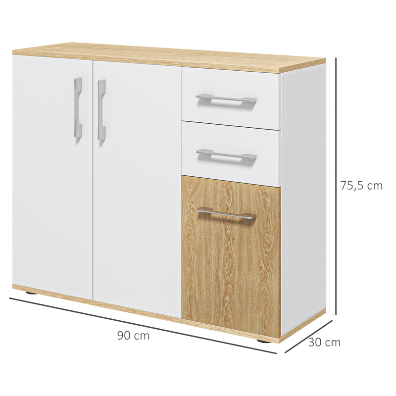 Aparador Sala de Estar Moderno Aparador de Cozinha com 2 Gavetas 2 Armários e Prateleiras Ajustáveis para Dormitório Sala de Jantar Entrada 90x30x75,5 cm Branco e Madeira