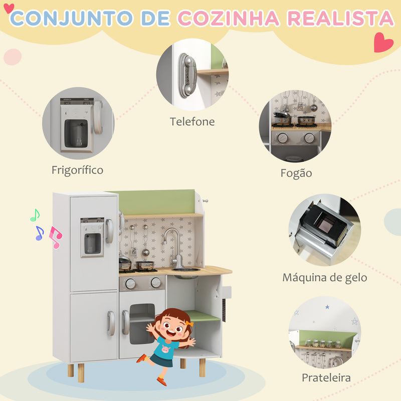 Cozinha de Madeira para Crianças de 3-6 Anos Cozinha Infantil com Máquina de Gelo Lavatório de Aço Inoxidável e Utensílios 84x34x89 cm Branco