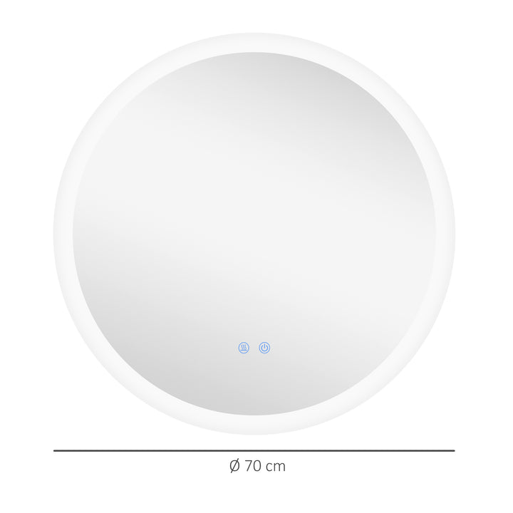 Espelho Casa de Banho Redondo com Luzes LED 70x70 cm Espelho com Iluminação Função Antiembaciamento 3 Luzes Função de Memória e Interruptor Tátil Prata
