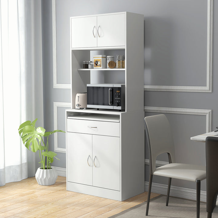 Armário de Cozinha Móvel Auxiliar de Cozinha com 4 Portas Bandeja Amovível Prateleira Ajustável Gaveta e Bancada para Micro-Ondas 70x40x180 cm Branco
