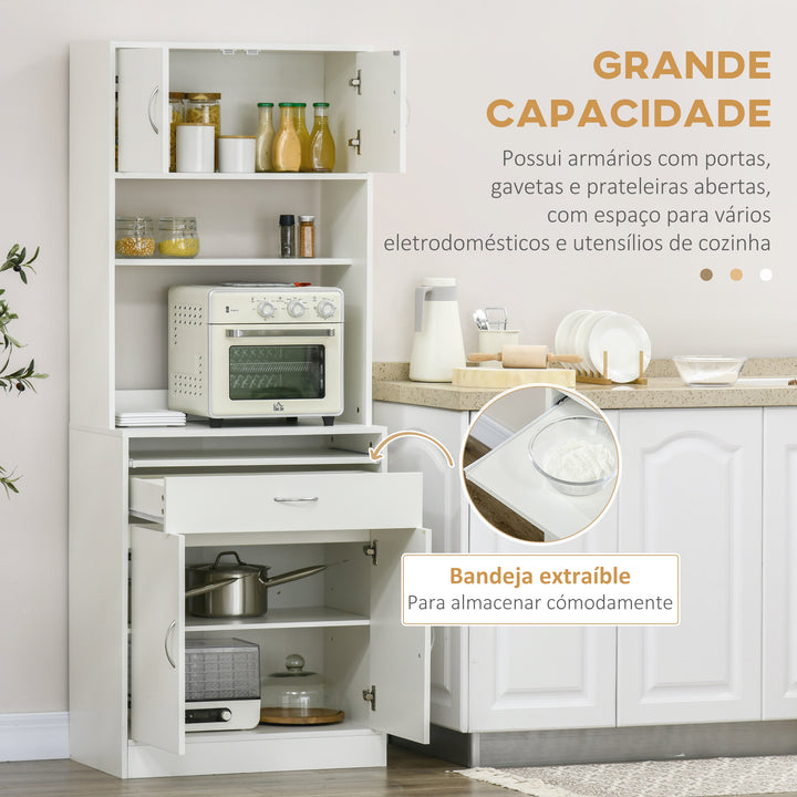 Armário de Cozinha Móvel Auxiliar de Cozinha com 4 Portas Bandeja Amovível Prateleira Ajustável Gaveta e Bancada para Micro-Ondas 70x40x180 cm Branco