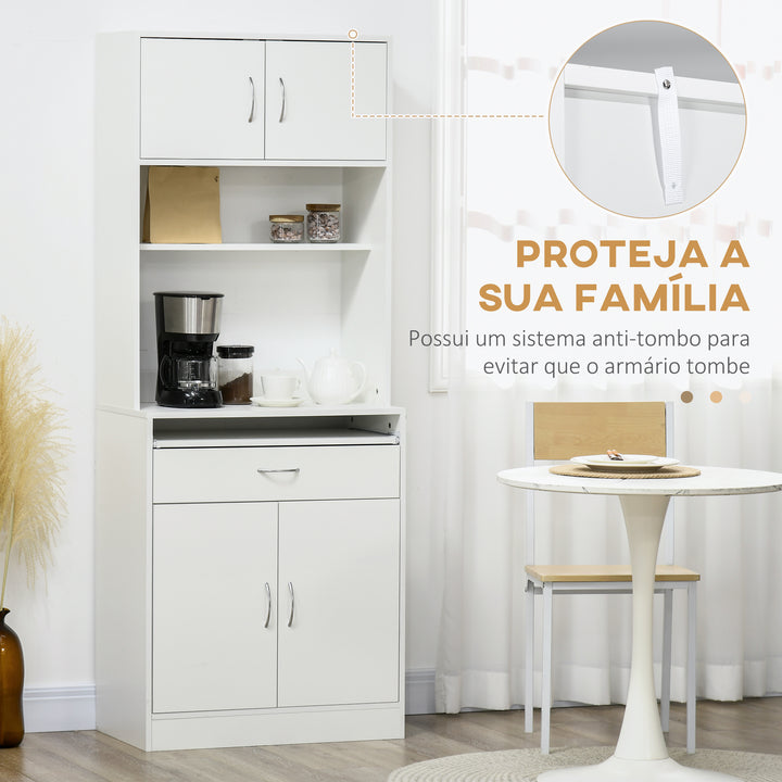 Armário de Cozinha Móvel Auxiliar de Cozinha com 4 Portas Bandeja Amovível Prateleira Ajustável Gaveta e Bancada para Micro-Ondas 70x40x180 cm Branco