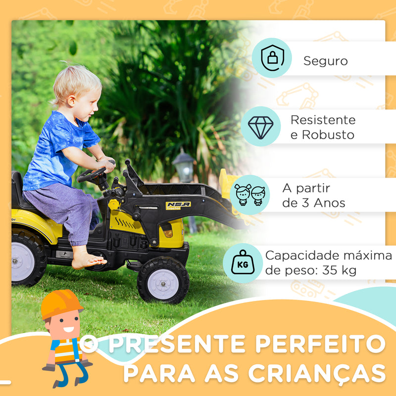 Trator a Pedal para Crianças acima de 3 Anos Trator Escavadora Infantil com Pá Dianteira Veículo a Pedais Carga Máxima 35 kg 114x41x52 cm Amarelo e Preto