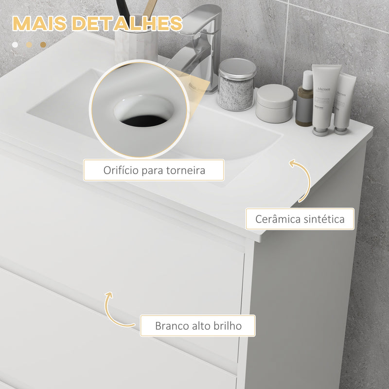 Móvel de Casa de Banho com Lavatório Armário Casa de Banho de Cerâmica Sintética com 2 Gavetas 61x37x88 cm Branco Brilhante