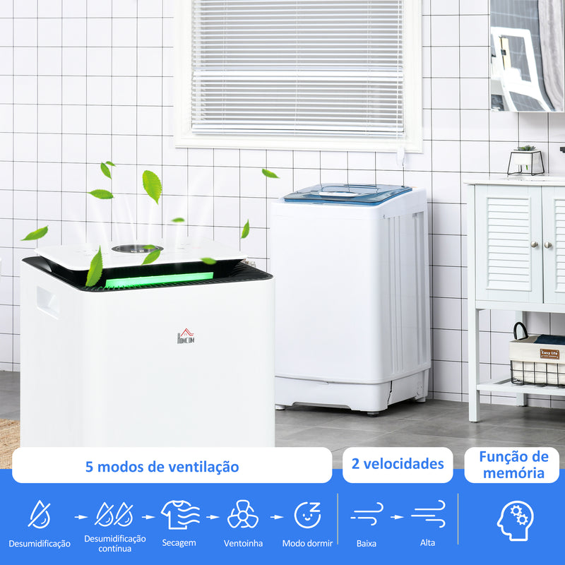 Desumidificador Elétrico 12L/dia Depósito de Água 2,5L Desumidificador de Ar Silencioso com 5 Modos 2 Velocidades Ecrã LED e Temporizador para Dormitórios Sala de Estar 25x25x50,5 cm Branco