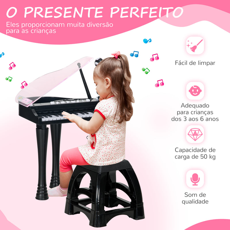 Piano Eletrónico para Crianças com 32 Teclas Piano com Microfone Banco Luzes 22 Músicas 4 Tons Pés Amovíveis e Volume Ajustável 37x30,5x60,4 cm Preto