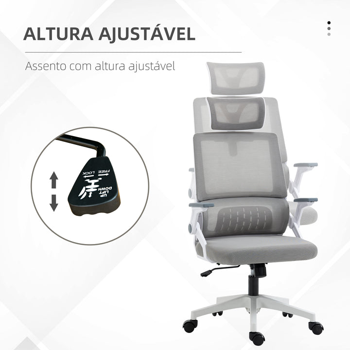 Cadeira de Escritório de Malha Cadeira de Escritório Giratória com Altura e Apoio para a Cabeça Ajustáveis e Apoio para os Braços Estilo Moderno Carga 120 kg para Estúdio 58x61x102-119 cm Cinza