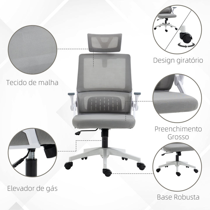 Cadeira de Escritório de Malha Cadeira de Escritório Giratória com Altura e Apoio para a Cabeça Ajustáveis e Apoio para os Braços Estilo Moderno Carga 120 kg para Estúdio 58x61x102-119 cm Cinza