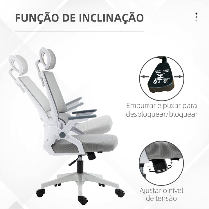 Cadeira de Escritório de Malha Cadeira de Escritório Giratória com Altura e Apoio para a Cabeça Ajustáveis e Apoio para os Braços Estilo Moderno Carga 120 kg para Estúdio 58x61x102-119 cm Cinza