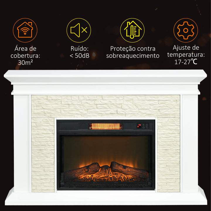 Lareira Elétrica 1800W Lareira Decorativa com Efeito de Chama Controlo Remoto Temporizador Semanal e Proteção Contra Superaquecimento até 30 m² 120x24x80 cm Branco