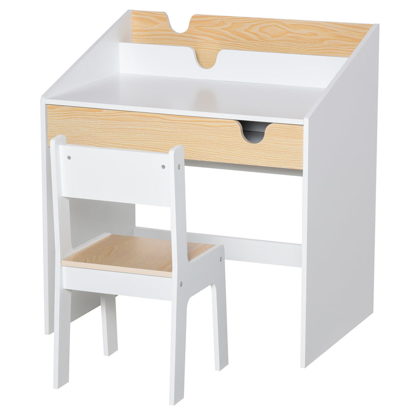 Secretária para Crianças de 3 e 6 Anos Conjunto de Mesa e Cadeira com Gaveta e Prateleira para Livros 70x50x75 cm Branco e Madeira