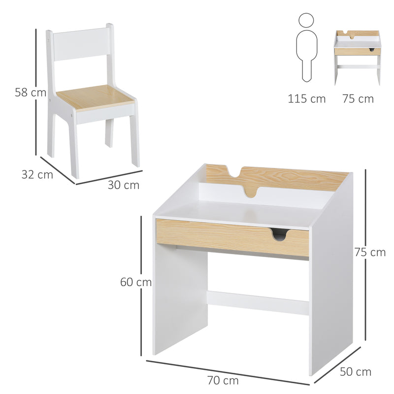 Secretária para Crianças de 3 e 6 Anos Conjunto de Mesa e Cadeira com Gaveta e Prateleira para Livros 70x50x75 cm Branco e Madeira