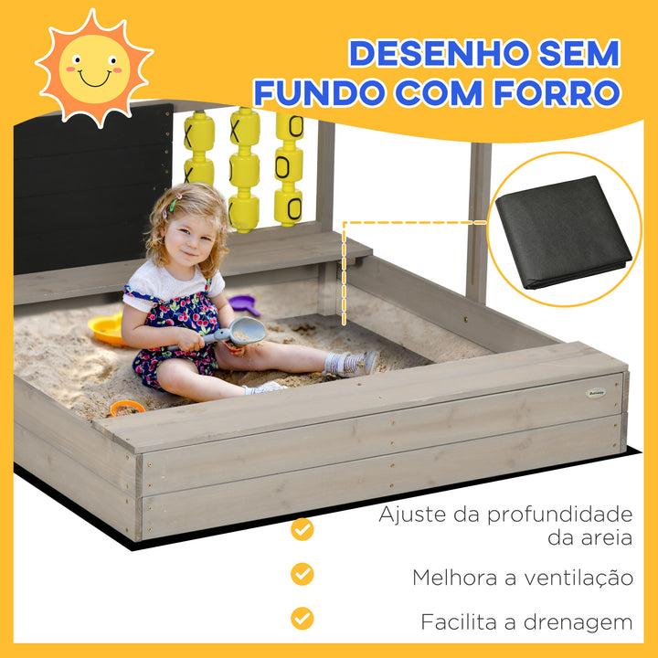 Caixa de Areia de Madeira para Crianças de 3-7 Anos Caixa de Areia Infantil com Teto Ajustável de Tecido não Tecido Banco de 2 Assentos Ardósia e Jogo para Pátio Jardim 114x113x110 cm Madeira