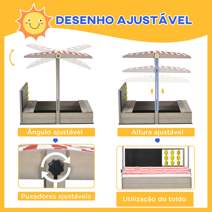 Caixa de Areia de Madeira para Crianças de 3-7 Anos Caixa de Areia Infantil com Teto Ajustável de Tecido não Tecido Banco de 2 Assentos Ardósia e Jogo para Pátio Jardim 114x113x110 cm Madeira