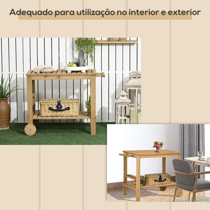 Carrinho de Madeira Exterior com 2 Níveis Alça Lateral 3 Suportes para Garrafas e 2 Rodas para Jardim Pátio Varanda 95x47x74 cm Madeira