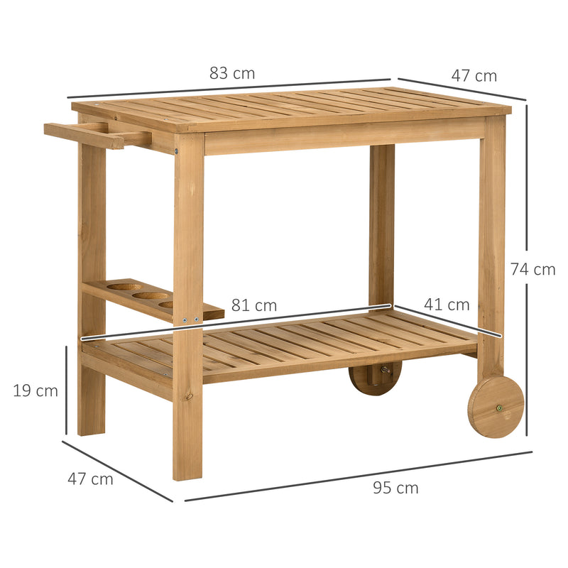 Carrinho de Madeira Exterior com 2 Níveis Alça Lateral 3 Suportes para Garrafas e 2 Rodas para Jardim Pátio Varanda 95x47x74 cm Madeira