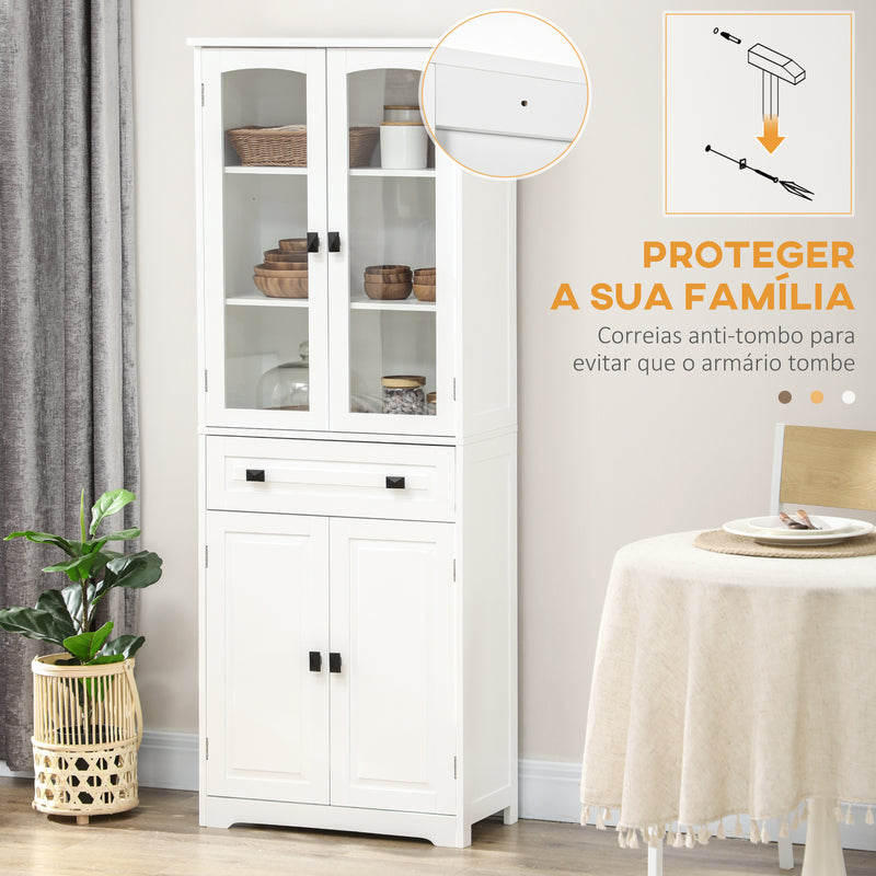 Armário de Cozinha Móvel Auxiliar de Cozinha com 4 Portas 1 Gaveta e 2 Prateleiras Ajustáveis para Sala de Jantar 60x30x160 cm Branco