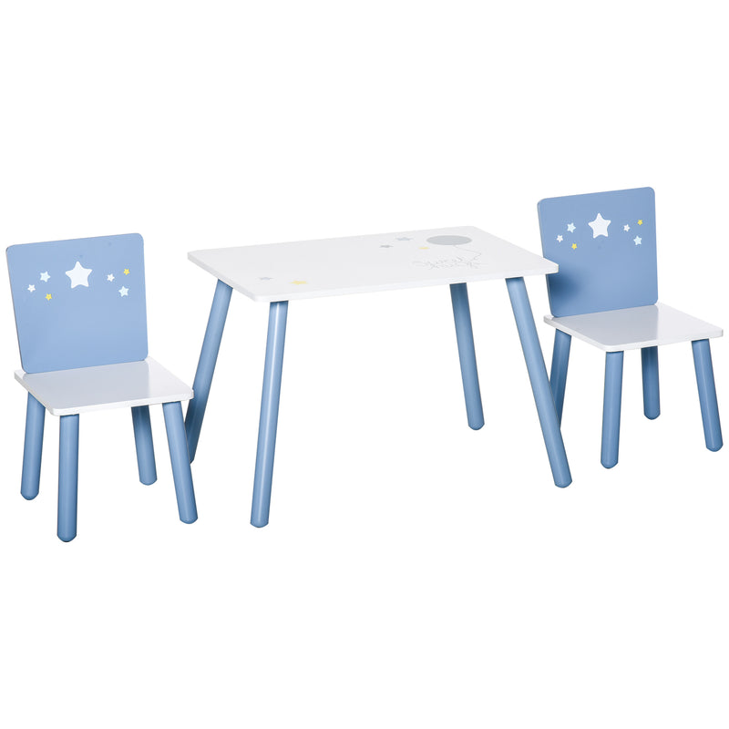 Conjunto de Mesa Infantil e 2 Cadeiras de Madeira Mesa com Cadeiras para Crianças de 2-4 Anos Mesa 60x40x43 cm e Cadeiras 28x26x48 cm para Dormitório Sala de Estar Branco e Azul