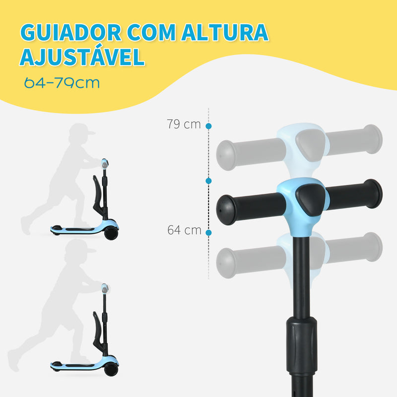 Trotinete para Crianças 2 em 1 Trotinete Infantil com Altura Ajustável 3 Rodas Brilhantes e Assento para +18 Meses Carga Máx. 50 kg 58x31x64-79 cm Azul