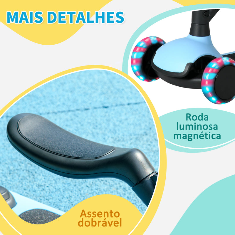 Trotinete para Crianças 2 em 1 Trotinete Infantil com Altura Ajustável 3 Rodas Brilhantes e Assento para +18 Meses Carga Máx. 50 kg 58x31x64-79 cm Azul