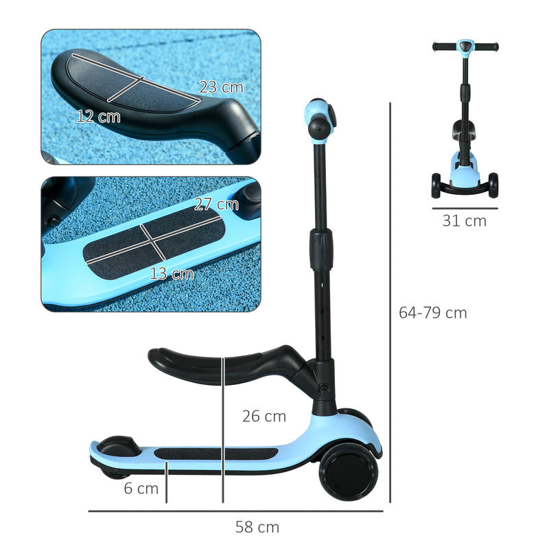 Trotinete para Crianças 2 em 1 Trotinete Infantil com Altura Ajustável 3 Rodas Brilhantes e Assento para +18 Meses Carga Máx. 50 kg 58x31x64-79 cm Azul