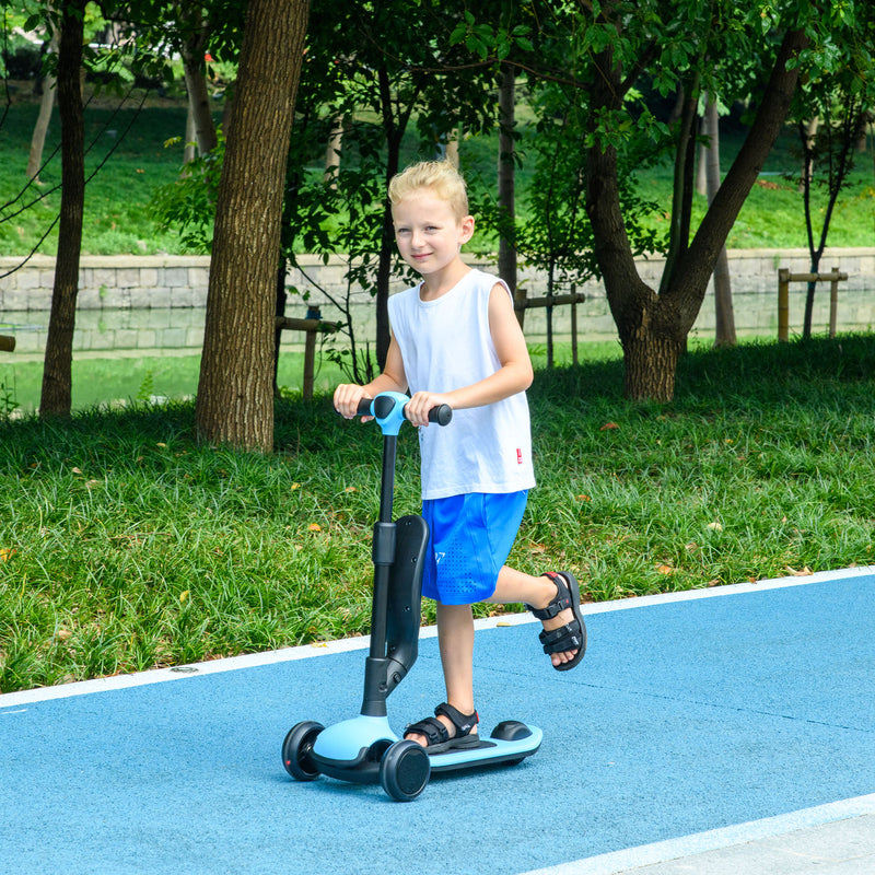 Trotinete para Crianças 2 em 1 Trotinete Infantil com Altura Ajustável 3 Rodas Brilhantes e Assento para +18 Meses Carga Máx. 50 kg 58x31x64-79 cm Azul