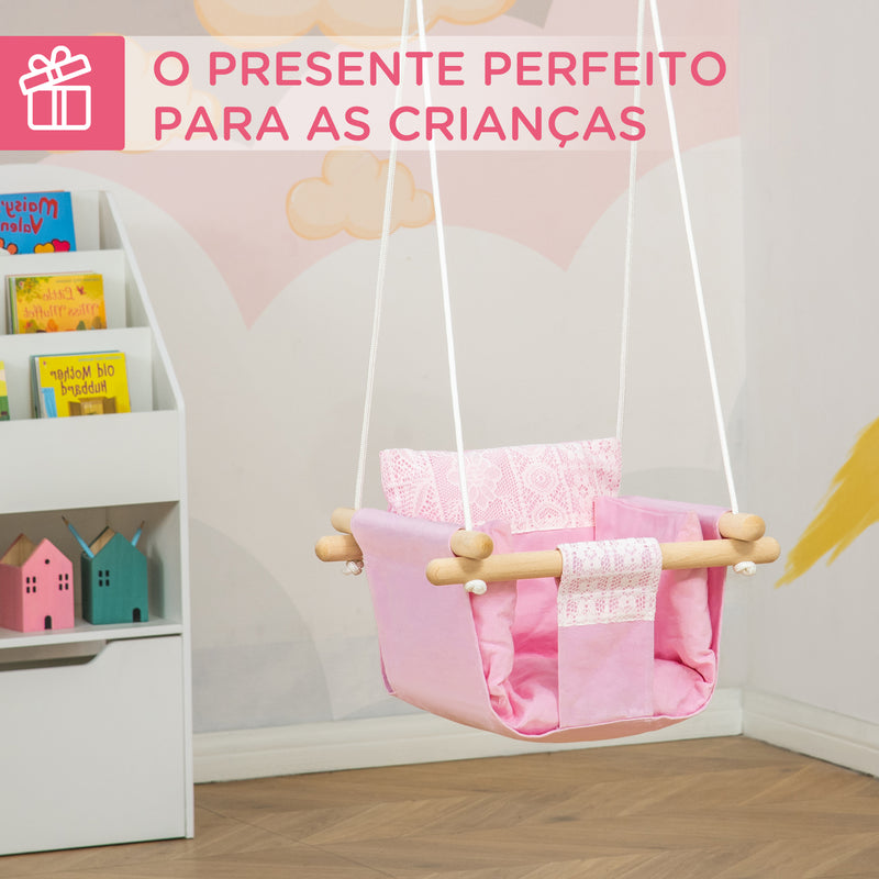 Baloiço para Bebé com Altura Ajustável Cinto de Segurança Interior Exterior Carga Máx. 80kg Madeira 40x40x180cm Rosa e Branco