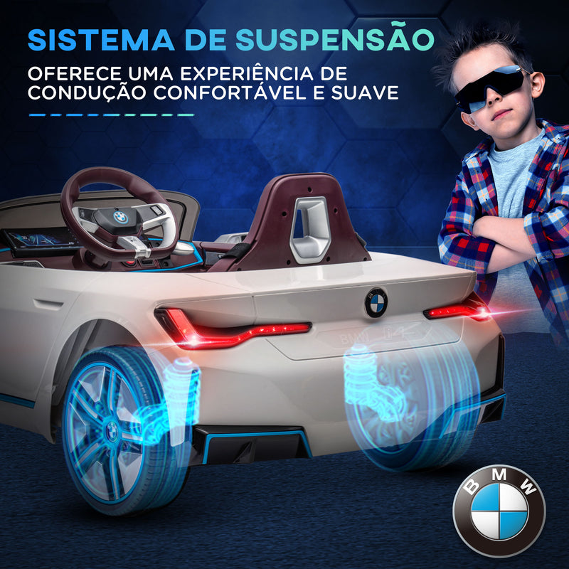 Carro Elétrico para Crianças 37-72 Meses com Licença BMW i4 Carro a Bateria 12V com Controlo Remoto Música MP3 Ecrã Luzes e Cinto de Segurança 115x67x45 cm Branco