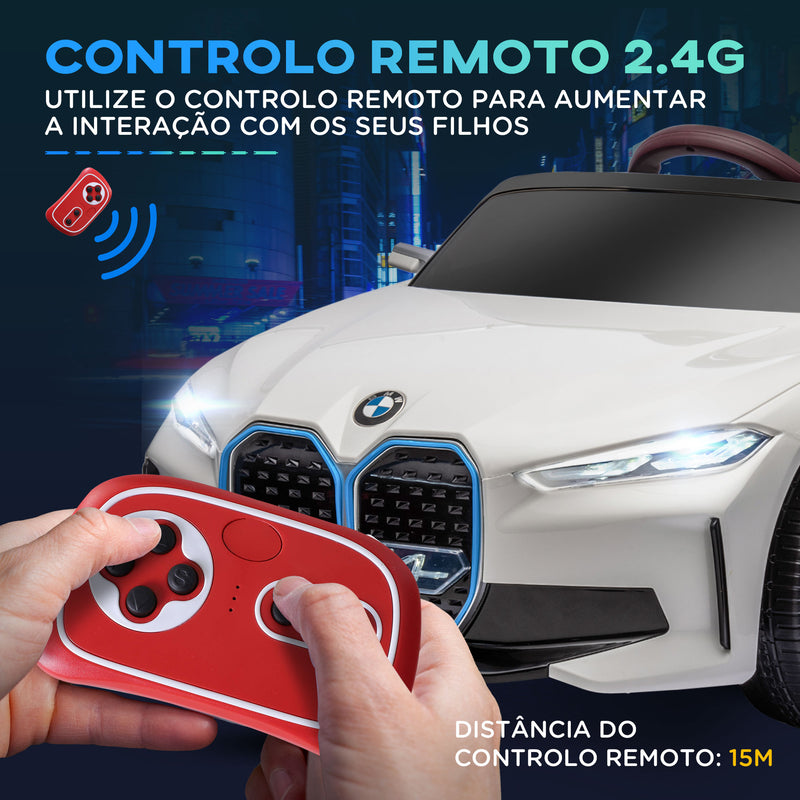 Carro Elétrico para Crianças 37-72 Meses com Licença BMW i4 Carro a Bateria 12V com Controlo Remoto Música MP3 Ecrã Luzes e Cinto de Segurança 115x67x45 cm Branco