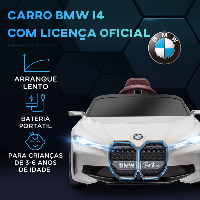 Carro Elétrico para Crianças 37-72 Meses com Licença BMW i4 Carro a Bateria 12V com Controlo Remoto Música MP3 Ecrã Luzes e Cinto de Segurança 115x67x45 cm Branco