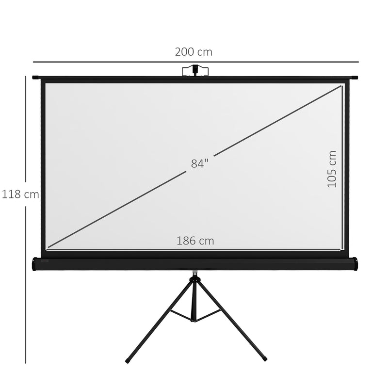 Tela de Projeção Manual com Suporte 84 Polegadas Tela de Projeção Portátil Formato 16:9 com Altura Ajustável para Interior e Exterior Cinema em Casa 200x8x118 cm Branco e Preto