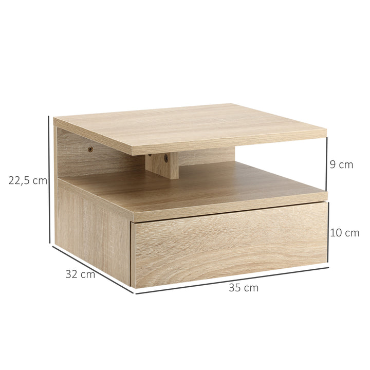 Conjunto de 2 Mesas de Cabeceira Flutuante com 1 Gaveta e Prateleira Aberta com Desenho Moderno Montado na Parede 35x32x22,5 cm Carvalho