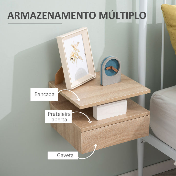 Conjunto de 2 Mesas de Cabeceira Flutuante com 1 Gaveta e Prateleira Aberta com Desenho Moderno Montado na Parede 35x32x22,5 cm Carvalho