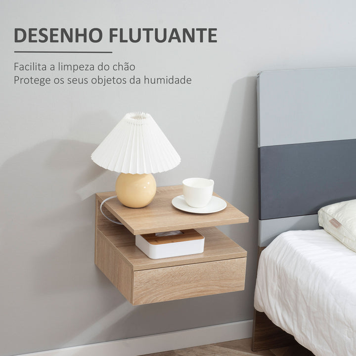 Conjunto de 2 Mesas de Cabeceira Flutuante com 1 Gaveta e Prateleira Aberta com Desenho Moderno Montado na Parede 35x32x22,5 cm Carvalho
