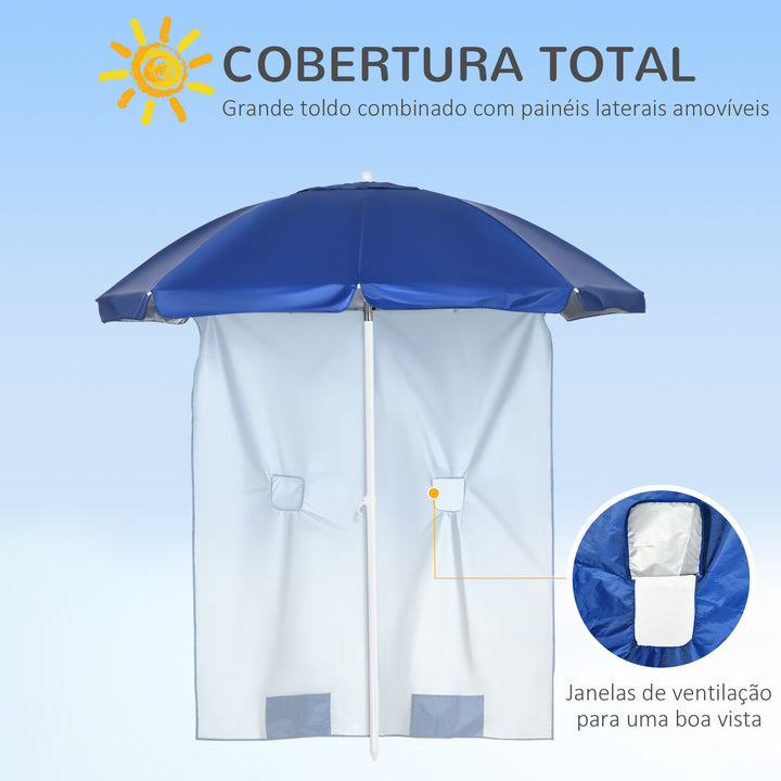 Chapéu de Sol de Praia com Painel Lateral Ø191x211 cm Chapéu de Sol de Praia com Manivela Manual Teto Inclinável 2 Bolsos e 2 Janelas para Jardim Piscina Azul