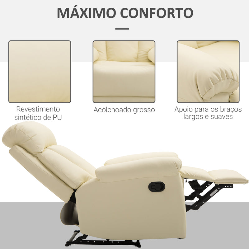 Poltrona Relax Reclinável Estofado em PU Poltrona de Sala de Estar com Apoio para os Pés Retrátil Encosto Alto Apoio para os Braços e Assento Acolchoado Grosso 80x97x107cm Bege