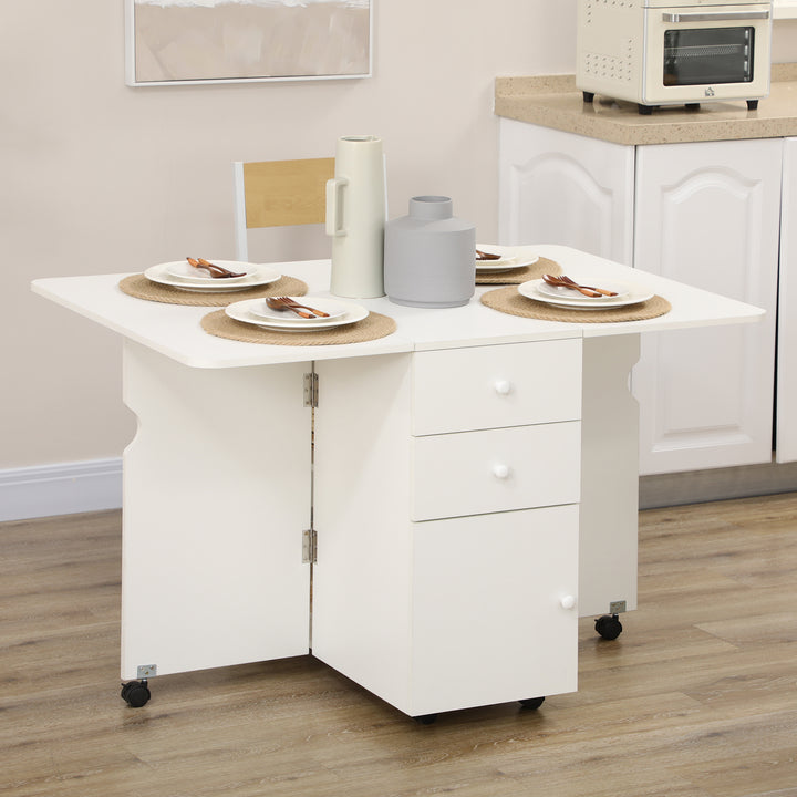 Mesa de Cozinha Dobrável Mesa de Cozinha Extensível Laterais Dobráveis com 6 Rodas e 2 Gavetas de Armazenamento de Estilo Moderno 120x80x75 cm Branco
