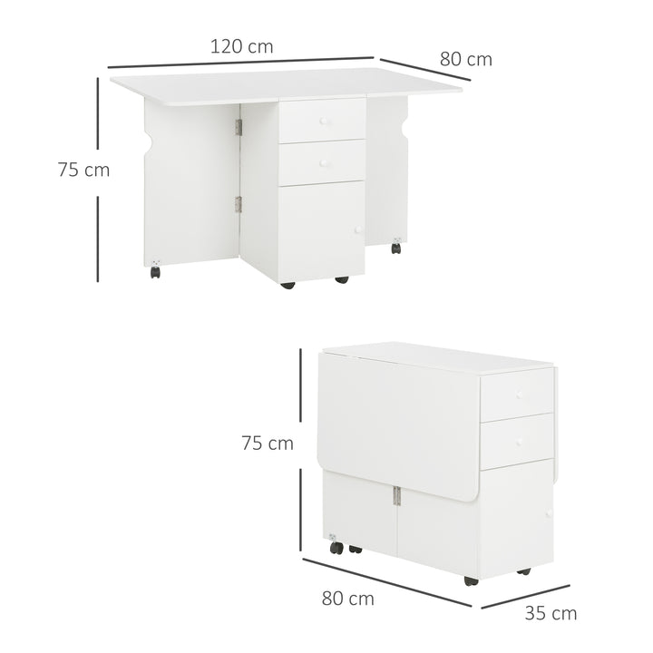 Mesa de Cozinha Dobrável Mesa de Cozinha Extensível Laterais Dobráveis com 6 Rodas e 2 Gavetas de Armazenamento de Estilo Moderno 120x80x75 cm Branco