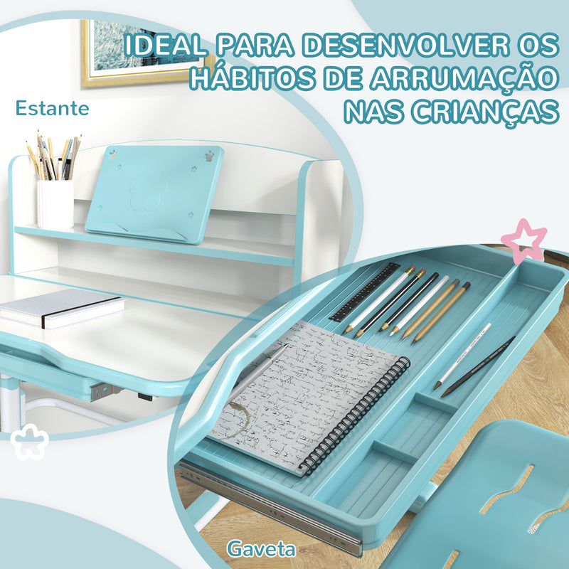 Conjunto de Secretária e Cadeira para Crianças de 6-12 Anos Secretária para Crianças com Altura Ajustável com 1 Gaveta 1 Prateleira para Livros e Ângulo da Mesa Ajustável 80x54,5x82-104 cm Azul