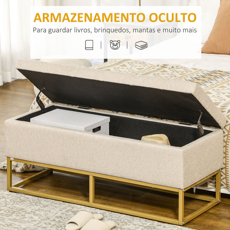 Banco de Armazenamento Otomano Retangular Estofado em Linho com Pés de Aço para Sala de Estar Dormitório 110x44x48 cm Bege