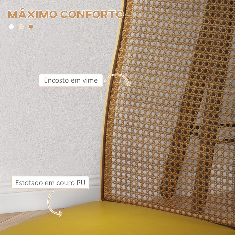 Conjunto de 2 Cadeiras de Sala de Jantar Cadeiras de Cozinha Modernas com Encosto em Vime PE Assento Estofado em Couro PU e Pés de Aço 40x50x97 cm Ocre