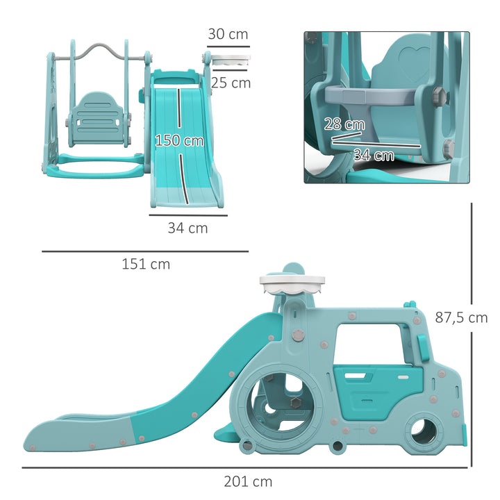 Conjunto de Escorrega e Baloiço para Crianças 6 em 1 Baloiço Infantil de 18-48 Meses Escorregador para Bebés com Buzina e Cesta de Basquetebol Carga 50 kg 201x151x87,5 cm Azul Claro