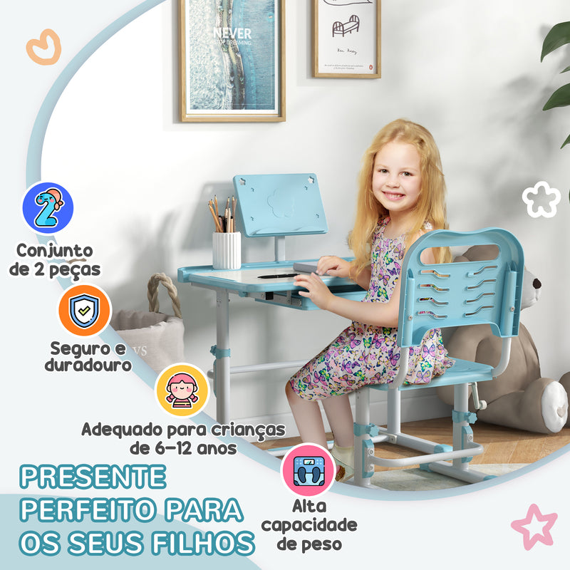 Conjunto de Secretária e Cadeira para Crianças de 6-12 Anos Secretária para Crianças com Altura Ajustável com 1 Gaveta Prateleira para Livros e Ângulo da Mesa Ajustável 80x49,5x82-104 cm Azul e Branco