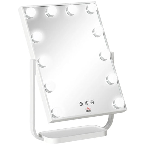 Espelho de Maquilhagem Espelho de Mesa com 12 Luzes LED 3 Temperaturas de Cores Ecrã Tátil Ajustável e Função de Memória para Dormitório Casa de Banho 32,8x11x47,4cm Branco