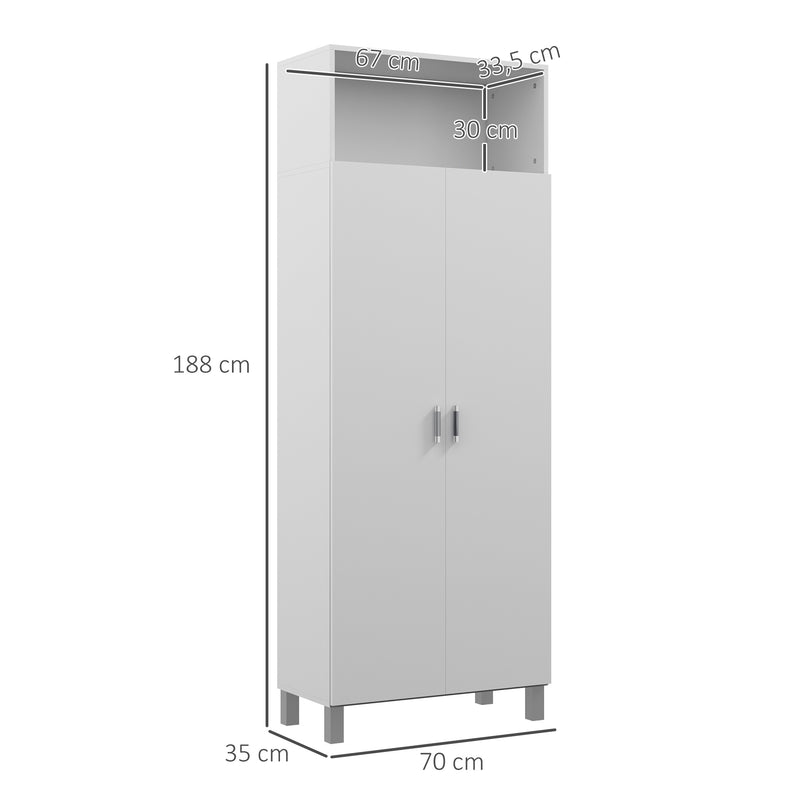 Armário Multiuso com 2 Portas Compartimento Aberto e Prateleira Ajustável para Sala de Estar Cozinha Lavandaria 70x35x188 cm Branco